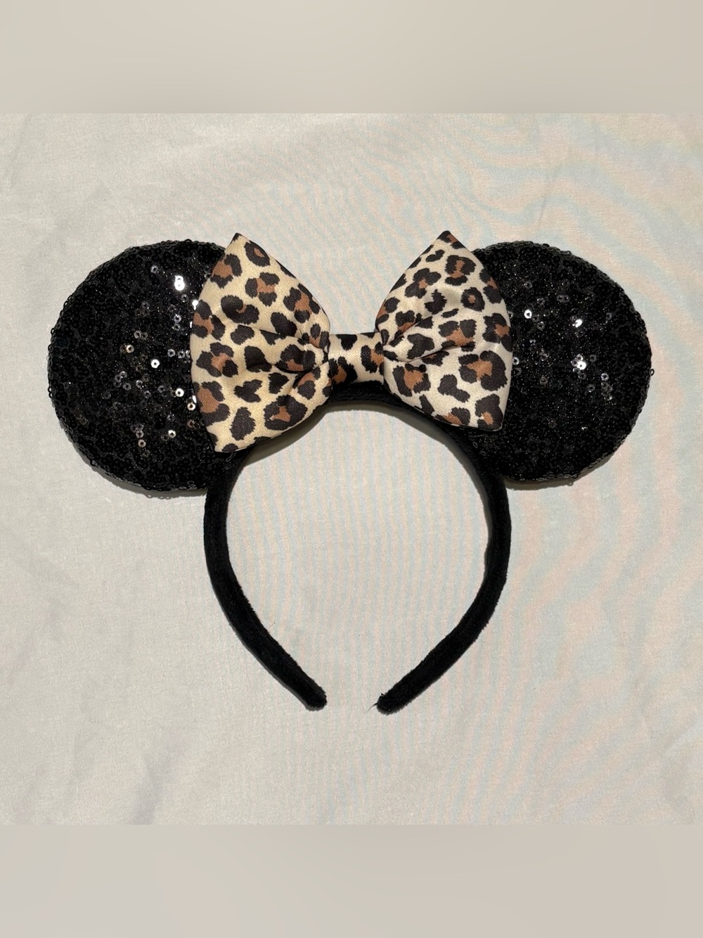 Black Sequin Mouse Ears Headband Leopard Print Bow Minnie Style Costume
